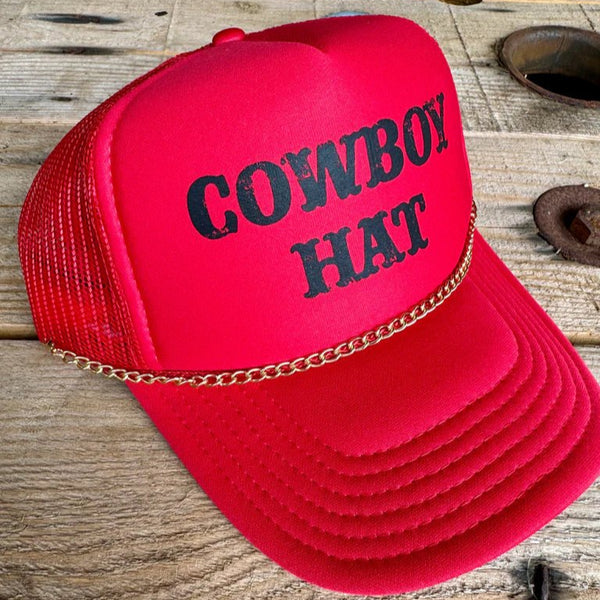 Cowboy Trucker Hat with Chain | Retro Western Style Red Snapback Cap - The Stenciled Barn