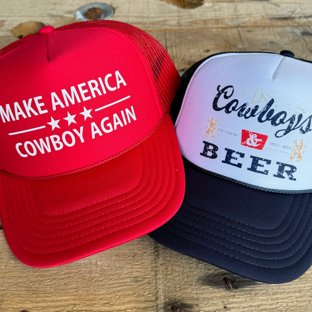 Cowboy Trucker Hat | Western - Inspired MACA Beer Patch Snapback Cap - The Stenciled Barn