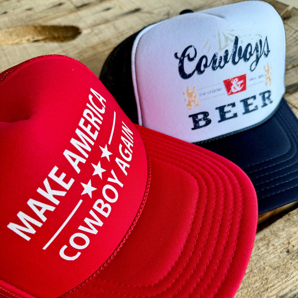 Cowboy Trucker Hat | Western - Inspired MACA Beer Patch Snapback Cap - The Stenciled Barn