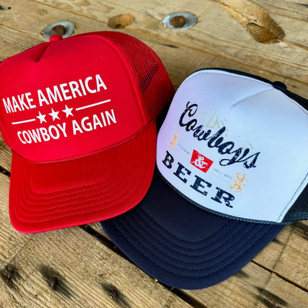 Cowboy Trucker Hat | Western - Inspired MACA Beer Patch Snapback Cap - The Stenciled Barn