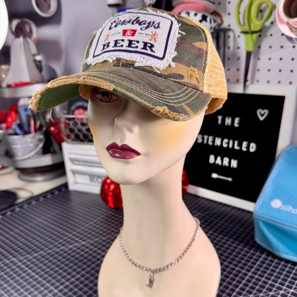 Cowboys & Beer Distressed Trucker Hat | Country Style Cap with Vintage Look - The Stenciled Barn