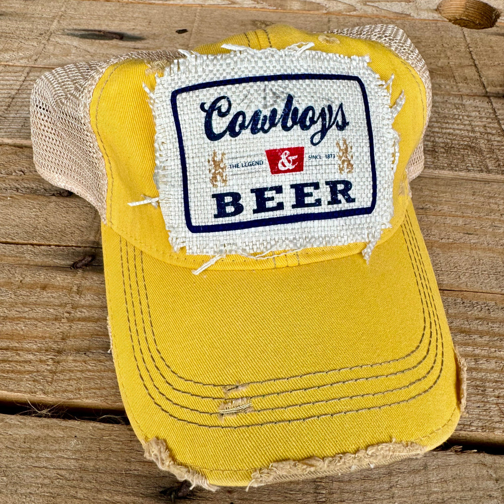 Cowboys & Beer Distressed Trucker Hat | Country Style Cap with Vintage Look - The Stenciled Barn