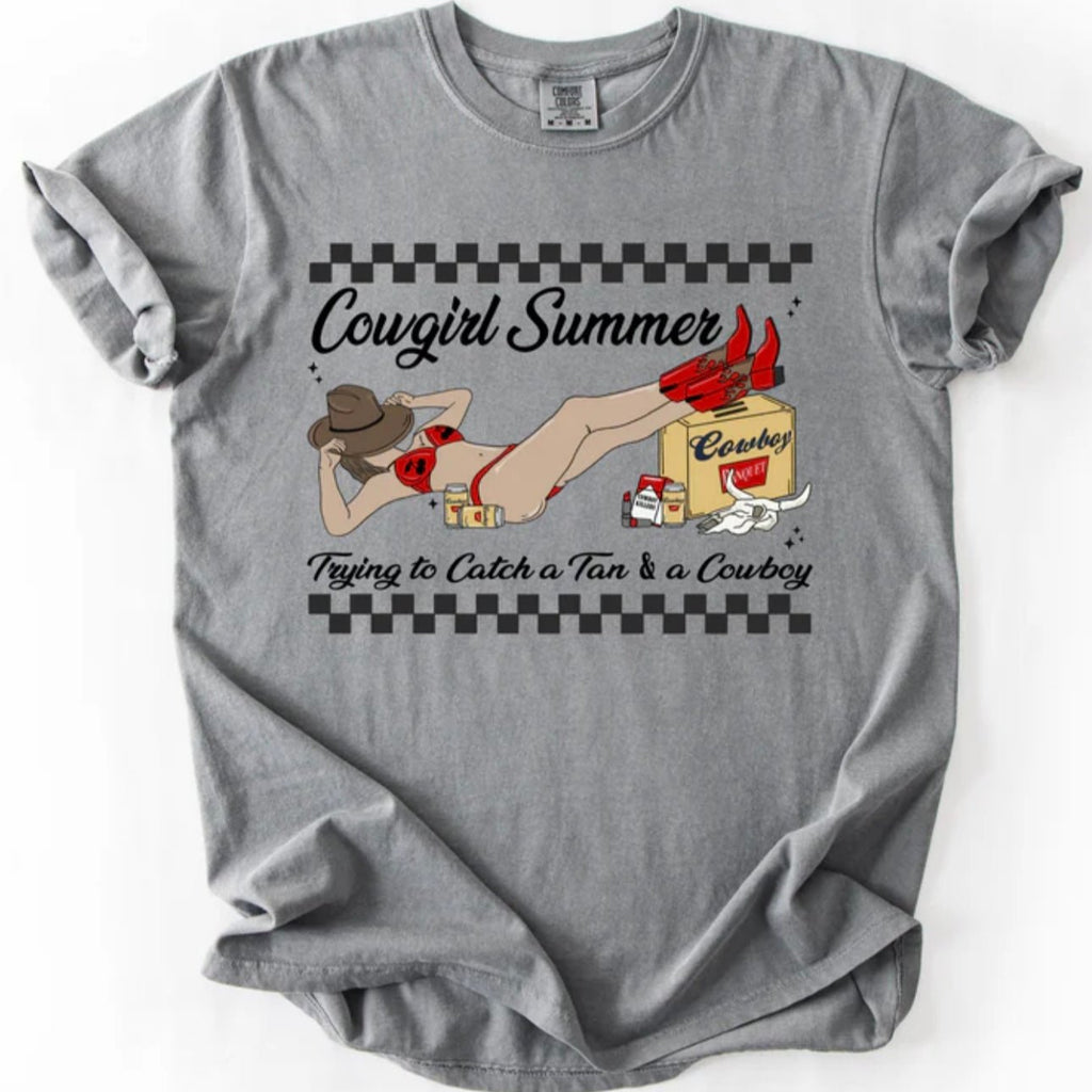 Coastal Cowgirl Summer Graphic Tee | Comfort Colors Grey | Unisex Fit - The Stenciled Barn