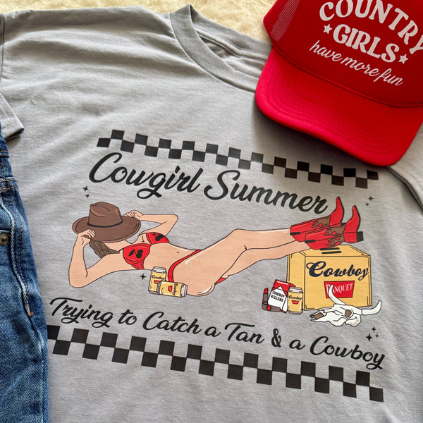 Coastal Cowgirl Summer Graphic Tee | Comfort Colors Grey | Unisex Fit - The Stenciled Barn