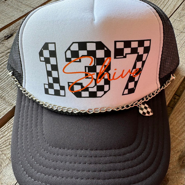Checkered Race Number Trucker Hat | Personalized with Last Name & Heart Chain - The Stenciled Barn