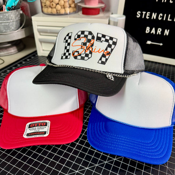 Checkered Race Number Trucker Hat | Personalized with Last Name & Heart Chain - The Stenciled Barn