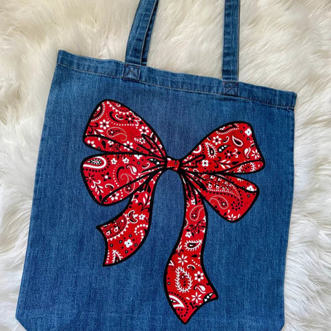 Denim Tote Bag with Paisley Red Bow | Western Carryall - The Stenciled Barn