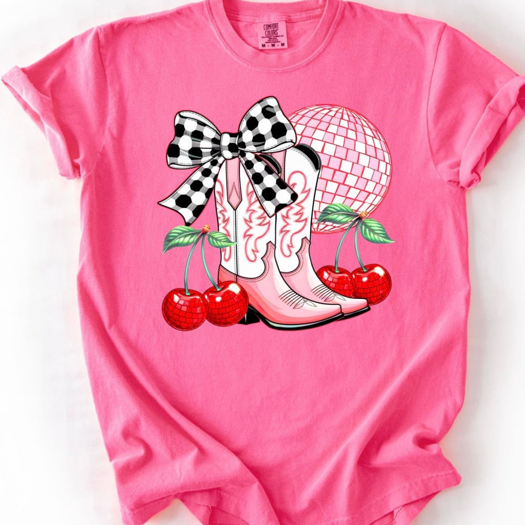 Disco Cowgirl Punchy Graphic T-shirt | Neon Pink Comfort Colors - The Stenciled Barn