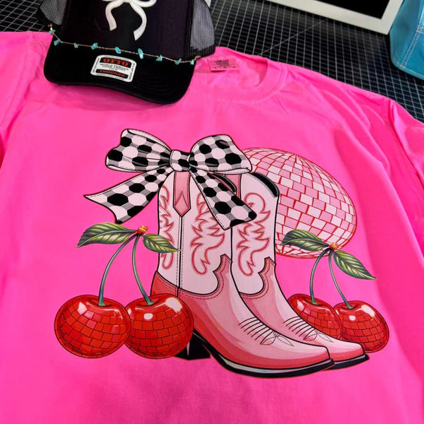 Disco Cowgirl Punchy Graphic T-shirt | Neon Pink Comfort Colors - The Stenciled Barn