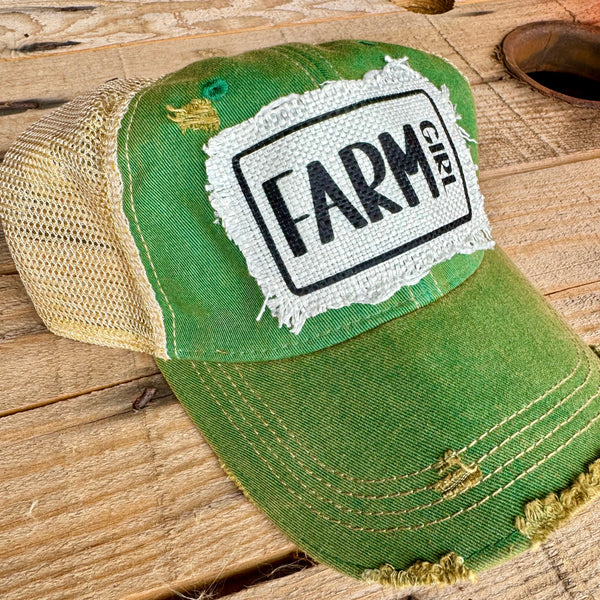 Distressed Farm Girl Hat | Raggy Patch Trucker Cap with Vintage Country Style - The Stenciled Barn
