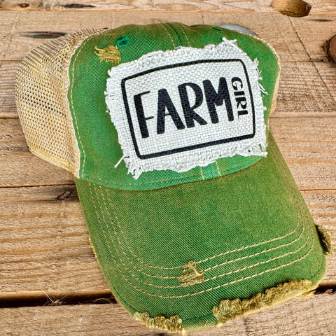 Distressed Farm Girl Hat | Raggy Patch Trucker Cap with Vintage Country Style - The Stenciled Barn