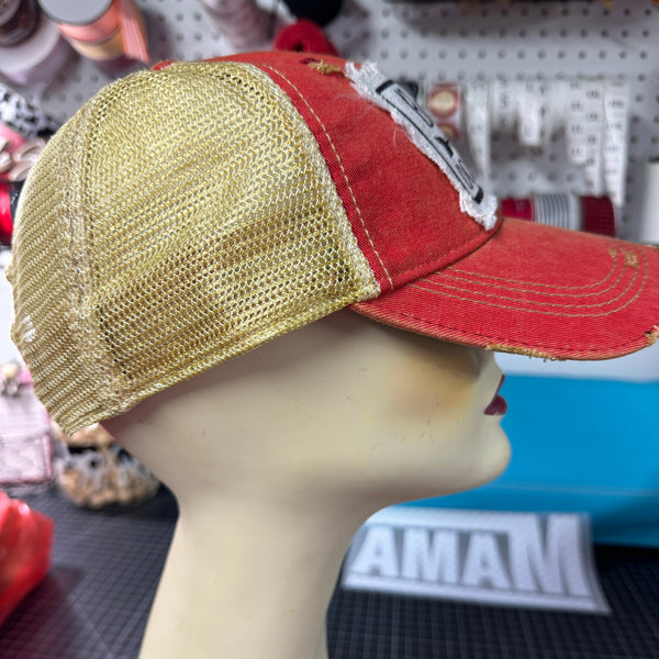 Barn Hair Don’t Care Hat | Vintage Red Distressed Patch Trucker Cap | Rustic Farmhouse Style - The Stenciled Barn