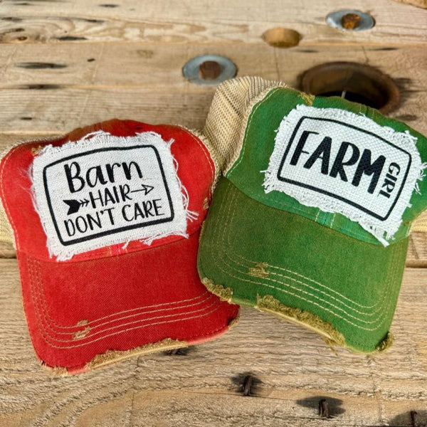 Distressed Farm Girl Hat | Raggy Patch Trucker Cap with Vintage Country Style - The Stenciled Barn