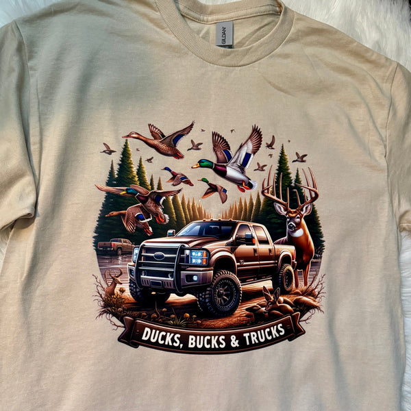 Ducks, Bucks & Trucks Hunting Graphic Tee | Southern Guy Fashion | Unisex Softstyle Cotton - The Stenciled Barn