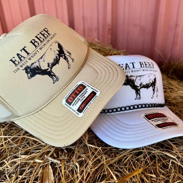 Eat Beef Trucker Hat With Detachable Chain | Livestock Inspired Western Accessory | Adjustable Snapback - The Stenciled Barn