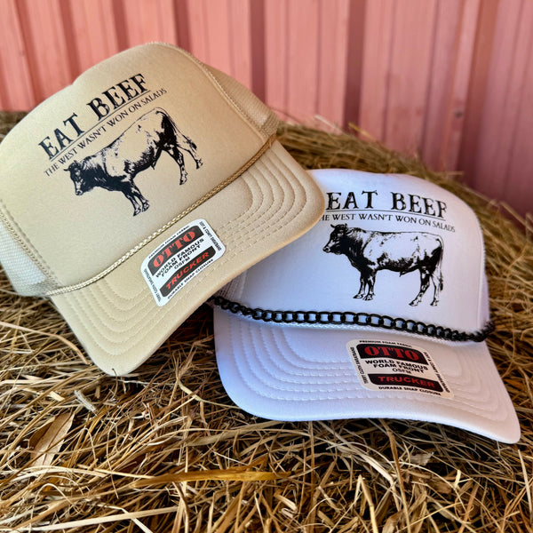 Eat Beef Trucker Hat With Detachable Chain | Livestock Inspired Western Accessory | Adjustable Snapback - The Stenciled Barn