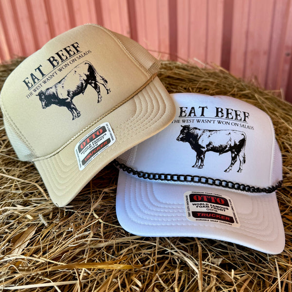 Eat Beef Trucker Hat With Detachable Chain | Livestock Inspired Western Accessory | Adjustable Snapback - The Stenciled Barn