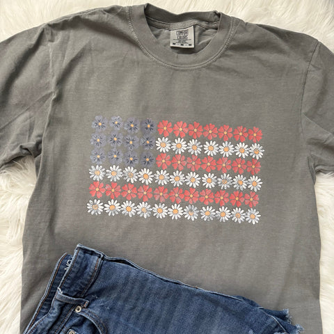 Floral USA Flag Women's Shirt | Patriotic Vibes | Comfort Colors Grey Tee - The Stenciled Barn