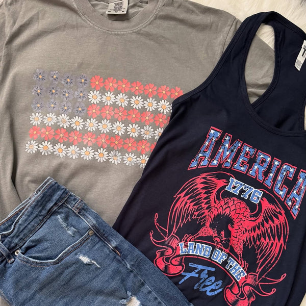 Floral USA Flag Women's Shirt | Patriotic Vibes | Comfort Colors Grey Tee - The Stenciled Barn