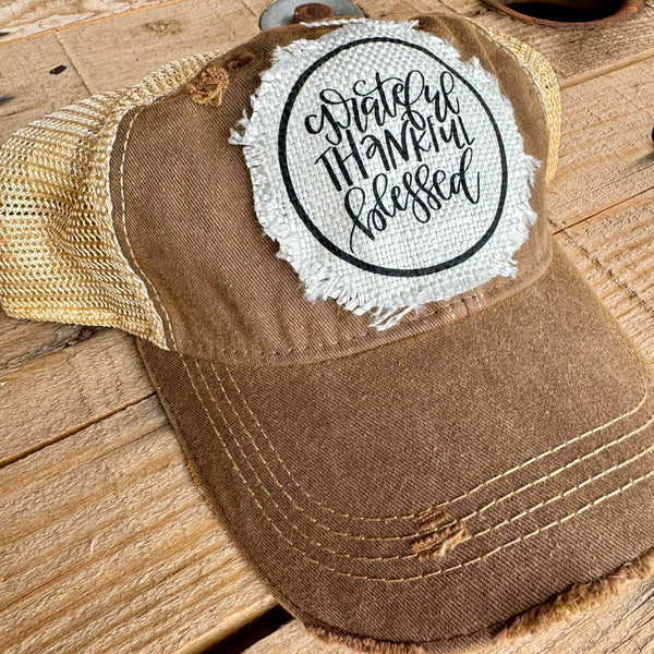 Grateful Thankful Blessed Baseball Cap | Distressed Raggy Patch Hat for Women - The Stenciled Barn