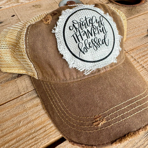 Grateful Thankful Blessed Baseball Cap | Distressed Raggy Patch Hat for Women - The Stenciled Barn
