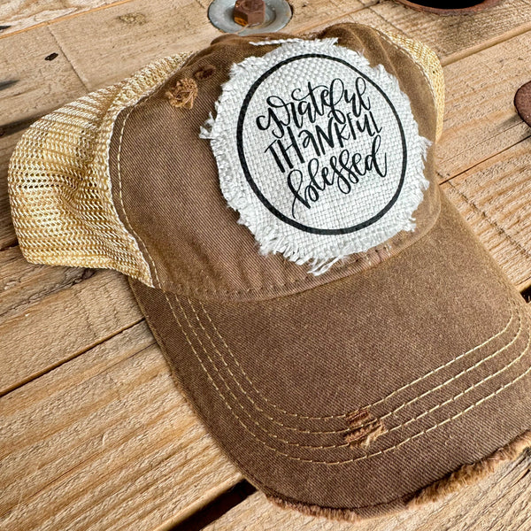 Grateful Thankful Blessed Baseball Cap | Distressed Raggy Patch Hat for Women - The Stenciled Barn