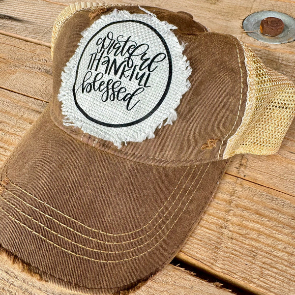Grateful Thankful Blessed Baseball Cap | Distressed Raggy Patch Hat for Women - The Stenciled Barn
