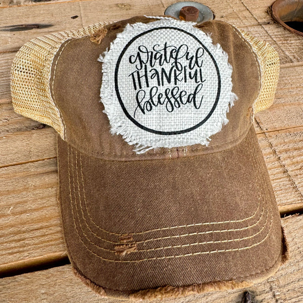 Grateful Thankful Blessed Baseball Cap | Distressed Raggy Patch Hat for Women - The Stenciled Barn