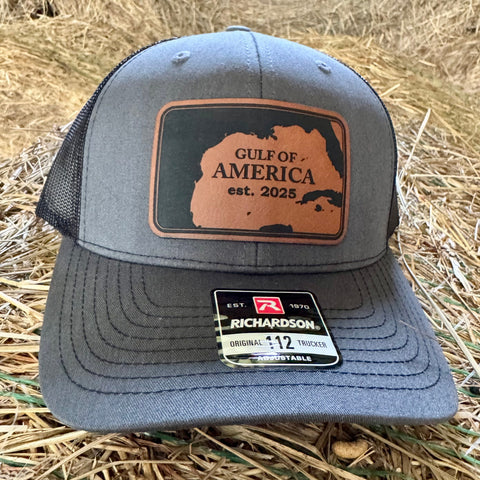 Gulf of America Men’s Hat | Engraved Leather Patch Richardson 112 Trucker Cap - The Stenciled Barn