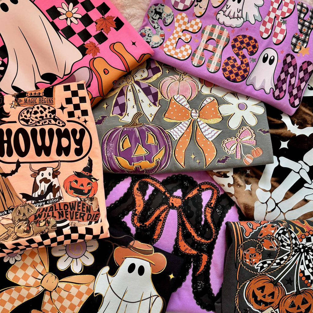 Collage of Halloween-themed products with various designs on a textured surface.