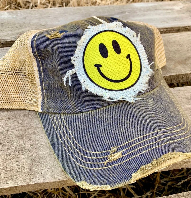 Happy Face Hat | Distressed Baseball Cap with Vintage Smile Design - The Stenciled Barn
