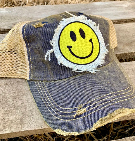 Happy Face Hat | Distressed Baseball Cap with Vintage Smile Design - The Stenciled Barn