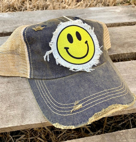 Happy Face Hat | Distressed Baseball Cap with Vintage Smile Design - The Stenciled Barn