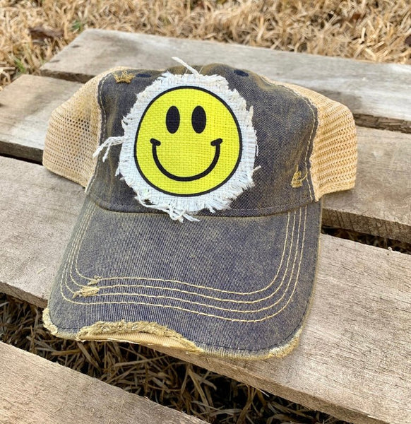 Happy Face Hat | Distressed Baseball Cap with Vintage Smile Design - The Stenciled Barn