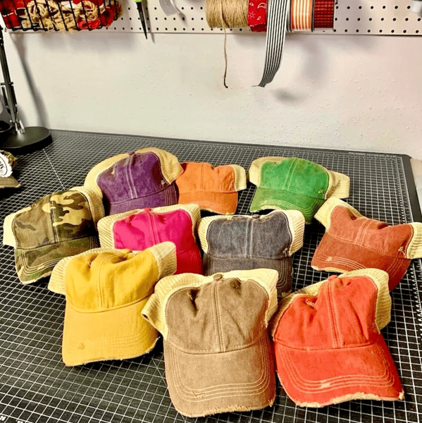 Distressed Farm Girl Hat | Raggy Patch Trucker Cap with Vintage Country Style - The Stenciled Barn