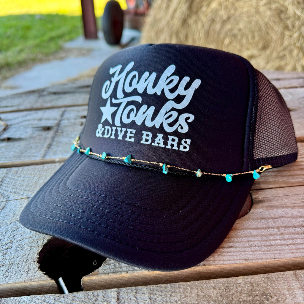 Honky Tonks & Dive Bars Trucker Hat | Trendy Western Cap with Detachable Turquoise Beaded Chain - The Stenciled Barn