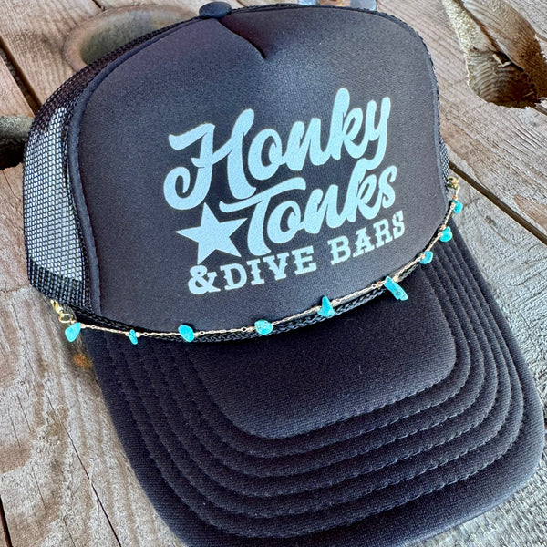 Honky Tonks & Dive Bars Trucker Hat | Trendy Western Cap with Detachable Turquoise Beaded Chain - The Stenciled Barn