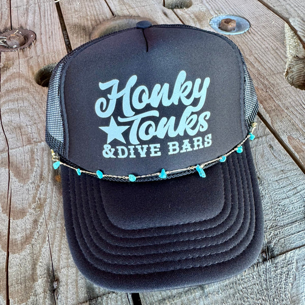 Honky Tonks & Dive Bars Trucker Hat | Trendy Western Cap with Detachable Turquoise Beaded Chain - The Stenciled Barn