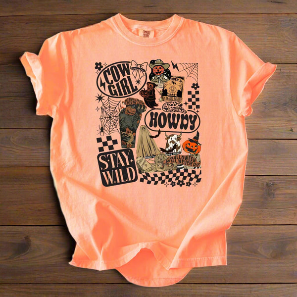 Peach-colored t-shirt with graphic design on a white background