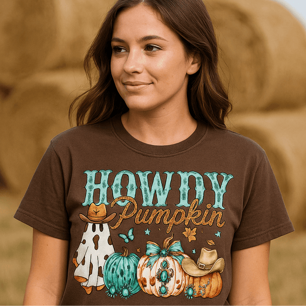 Howdy Pumpkin Graphic Tee | Cow Print Ghost & Turquoise Pumpkins | Fall Shirt - The Stenciled Barn