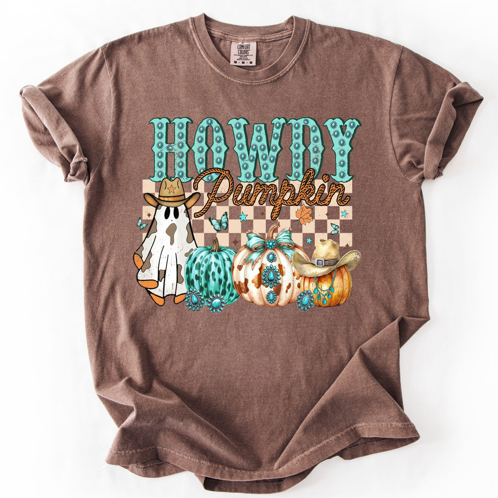 Howdy Pumpkin Graphic Tee | Cow Print Ghost & Turquoise Pumpkins | Fall Shirt - The Stenciled Barn