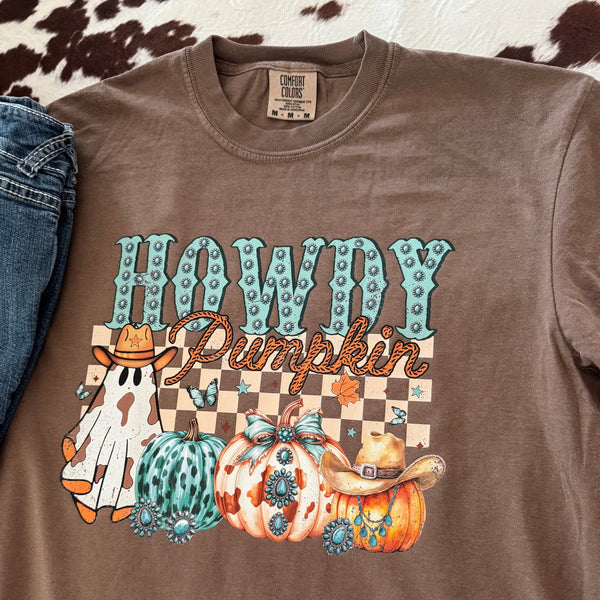 Howdy Pumpkin Graphic Tee | Cow Print Ghost & Turquoise Pumpkins | Fall Shirt - The Stenciled Barn