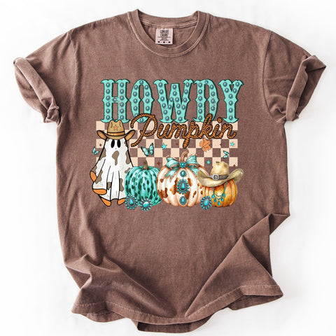 Howdy Pumpkin Graphic Tee | Cow Print Ghost & Turquoise Pumpkins | Fall Shirt - The Stenciled Barn