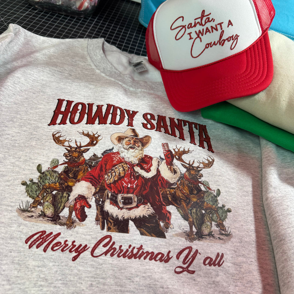 Howdy Santa Sweatshirt – Western Holiday Fleece Pullover | Unisex Christmas Top - The Stenciled Barn