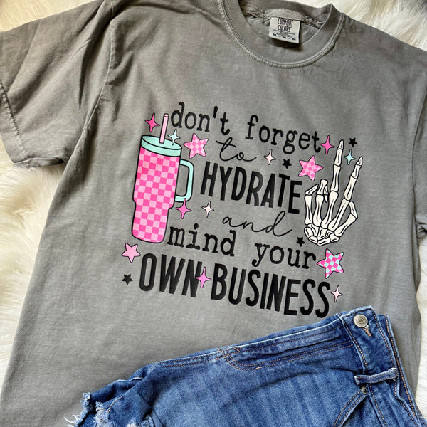 Hydrate & Mind Your Own Business Funny Tee | Comfort Colors Gray - The Stenciled Barn