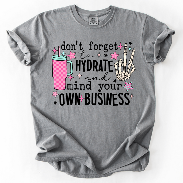 Hydrate & Mind Your Own Business Funny Tee | Comfort Colors Gray - The Stenciled Barn