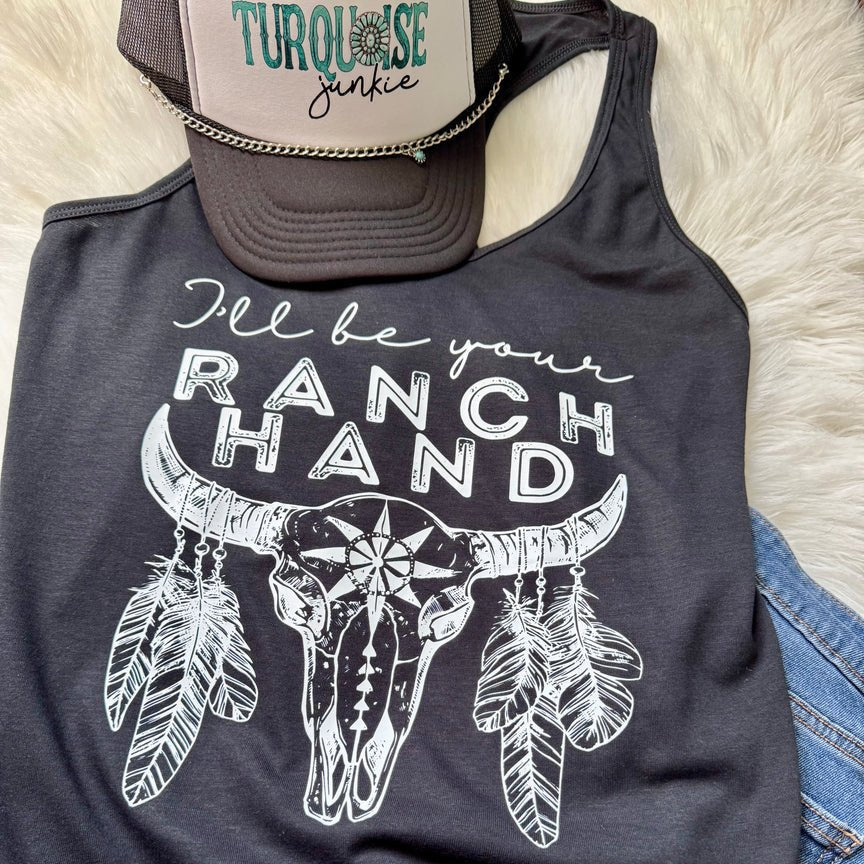 Ranch Hand Racerback Tank Top | Summer Western Boho Fashion | Cow Skull Graphic - The Stenciled Barn