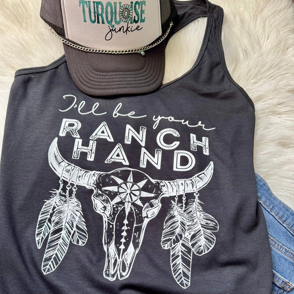 Ranch Hand Racerback Tank Top | Summer Western Boho Fashion | Cow Skull Graphic - The Stenciled Barn