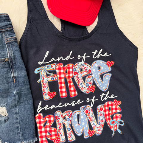 Land of the Free Because of the Brave Racerback Tank | USA Patriotic Coquette Top - The Stenciled Barn
