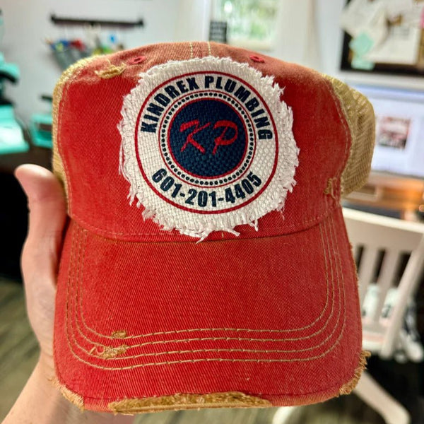 Custom Logo Patch Distressed Hat | Personalized Business Name Trucker Cap - The Stenciled Barn